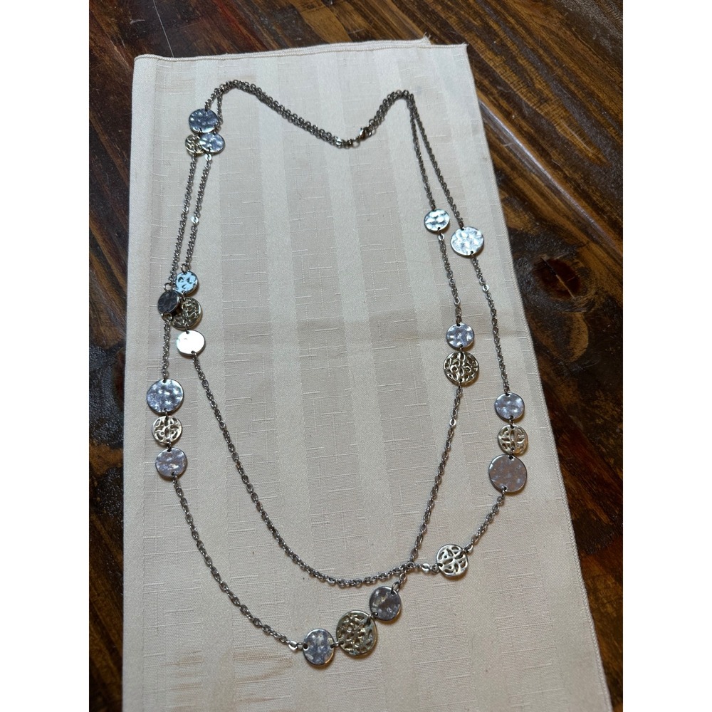 Womens Two Tone Hammered Filigree Disc Double Strand Long Layered Necklace
